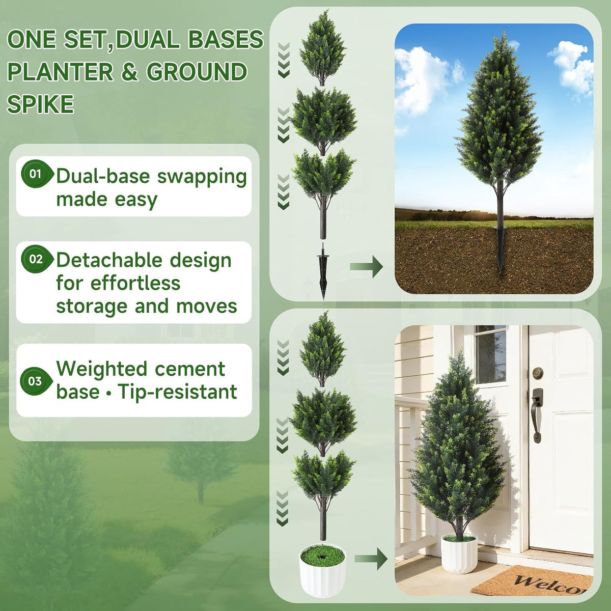 3FT Artificial Cedar Topiary Trees Set of 2 Detachable Planter & Spike, UV Resistant Faux Plants Outdoor and Indoor, Realistic Fake Bushes Pine Tree for Front Porch Decor