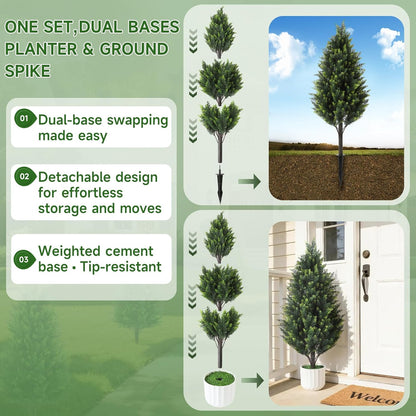 3FT Artificial Cedar Topiary Trees Set of 2 Detachable Planter & Spike, UV Resistant Faux Plants Outdoor and Indoor, Realistic Fake Bushes Pine Tree for Front Porch Decor