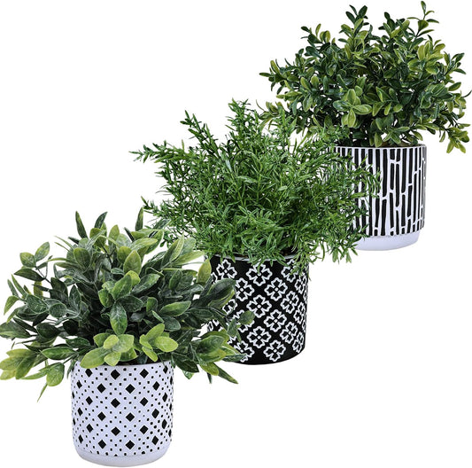 Winlyn 3-Pack Artificial Potted Plants - Faux Eucalyptus, Rosemary, Boxwood Greenery in Small Black & White Geometric Concrete Pots -Desk, Table, Shelf, Windowsill Decor for Indoor Outdoor Home Office