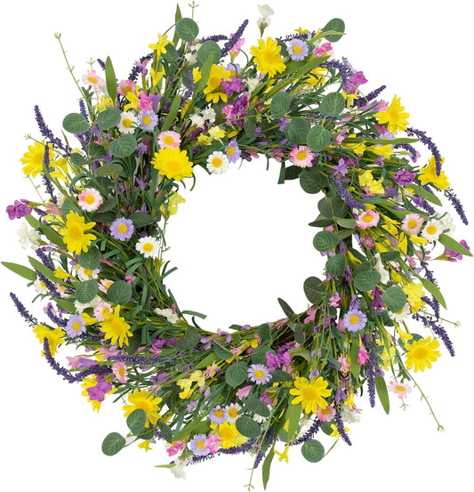 Spring Decorations for Home 22" Spring Wreath Artificial Summer Wreaths with Eucalyptus Leaf Lavender and Daisy for Easter Indoor Outdoor Home Festival Celebrations