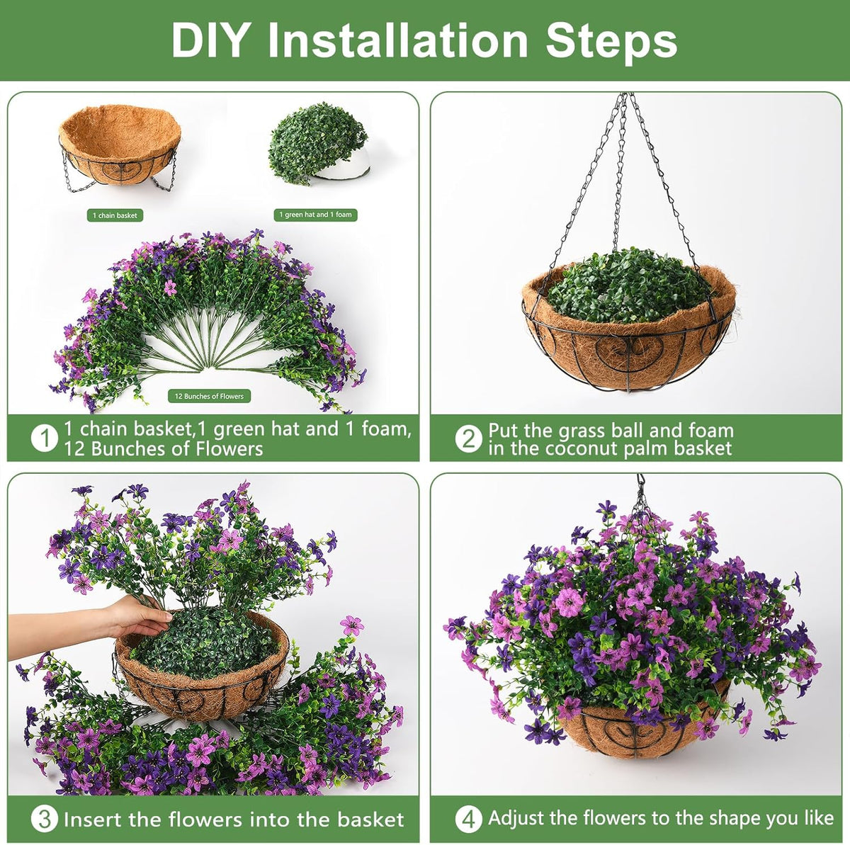 Artificial Flowers Hanging Basket for Outdoor Decoration, 12 Bundles UV Resistant Faux Silk Plants