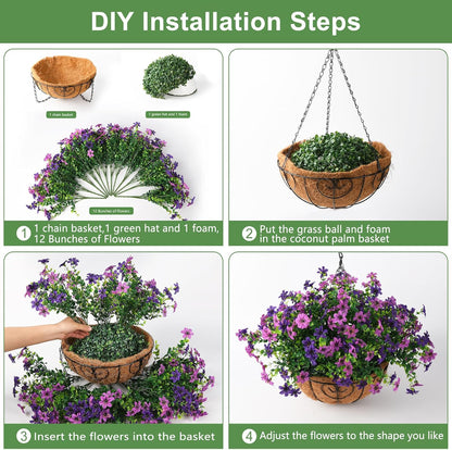 Artificial Flowers Hanging Basket for Outdoor Decoration, 12 Bundles UV Resistant Faux Silk Plants