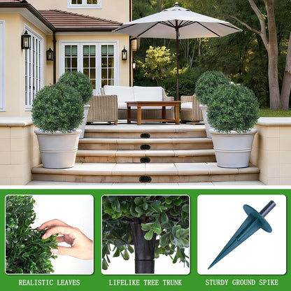 2Pcs Artificial Boxwood Topiary Ball Tree, UV Resistant Artificial Outdoor Shrubs with Spike, Decorative Evergreen Fake Topiary Bushes Plant for Front Porch Garden