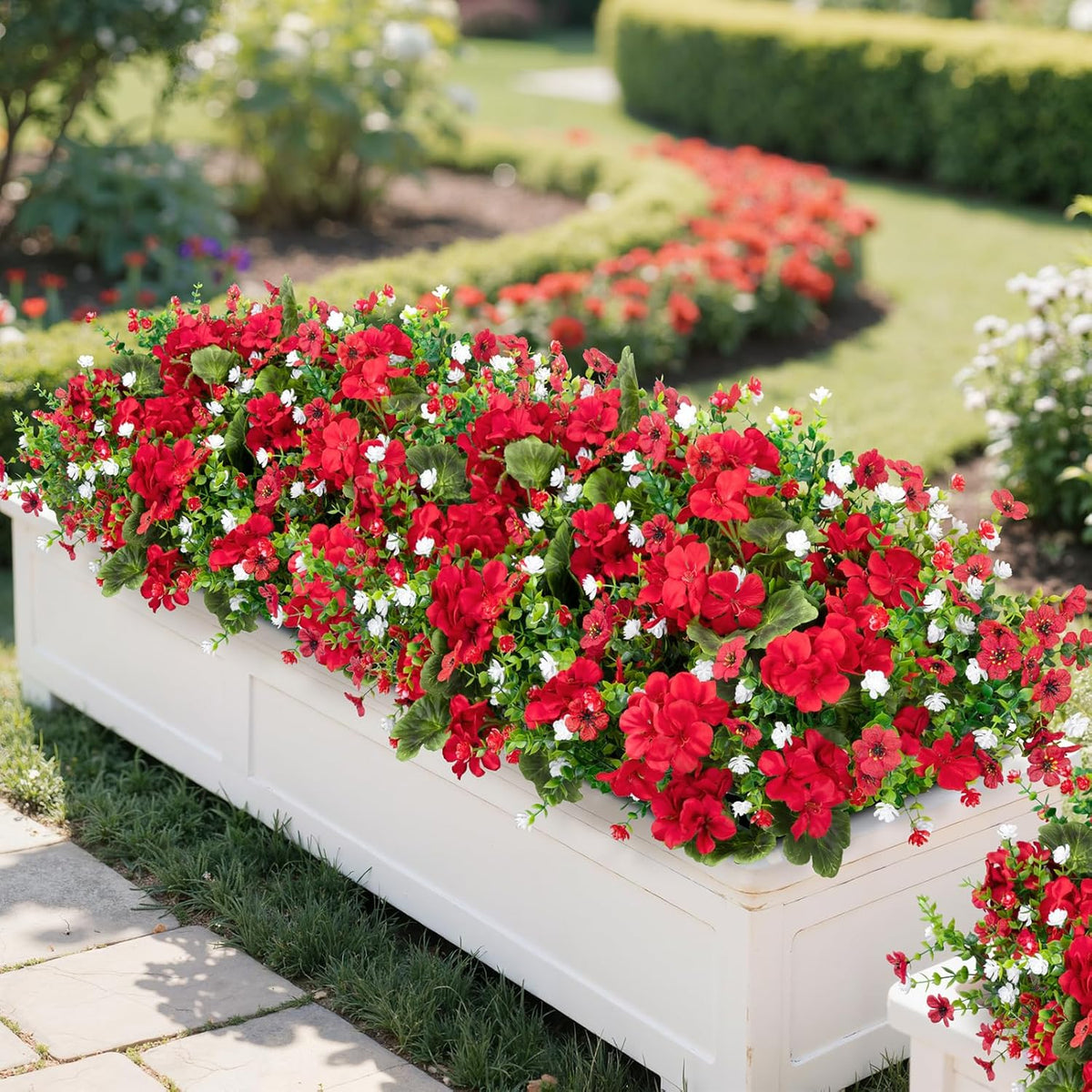 Ouddy Decor 18" Artificial Geranium Flowers for Outdoors, 10 Bundles Mixed Fake Silk Flowers Plastic Plants UV Resistant for Summer Garden Porch Patio Planter Kitchen Table Home Decor, Red