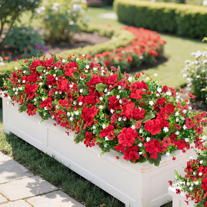 Ouddy Decor 18" Artificial Geranium Flowers for Outdoors, 10 Bundles Mixed Fake Silk Flowers Plastic Plants UV Resistant for Summer Garden Porch Patio Planter Kitchen Table Home Decor, Red