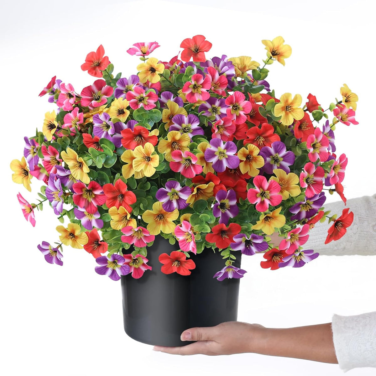 2 Set of Artificial Morning Glory & Eucalyptus Topiary Trees - Faux Silk Flower Potted Plants, UV-Resistant Fake Outdoor Morning Glory Bushes for Front Door, Farmhouse, Garden Decor (Mixed Color)