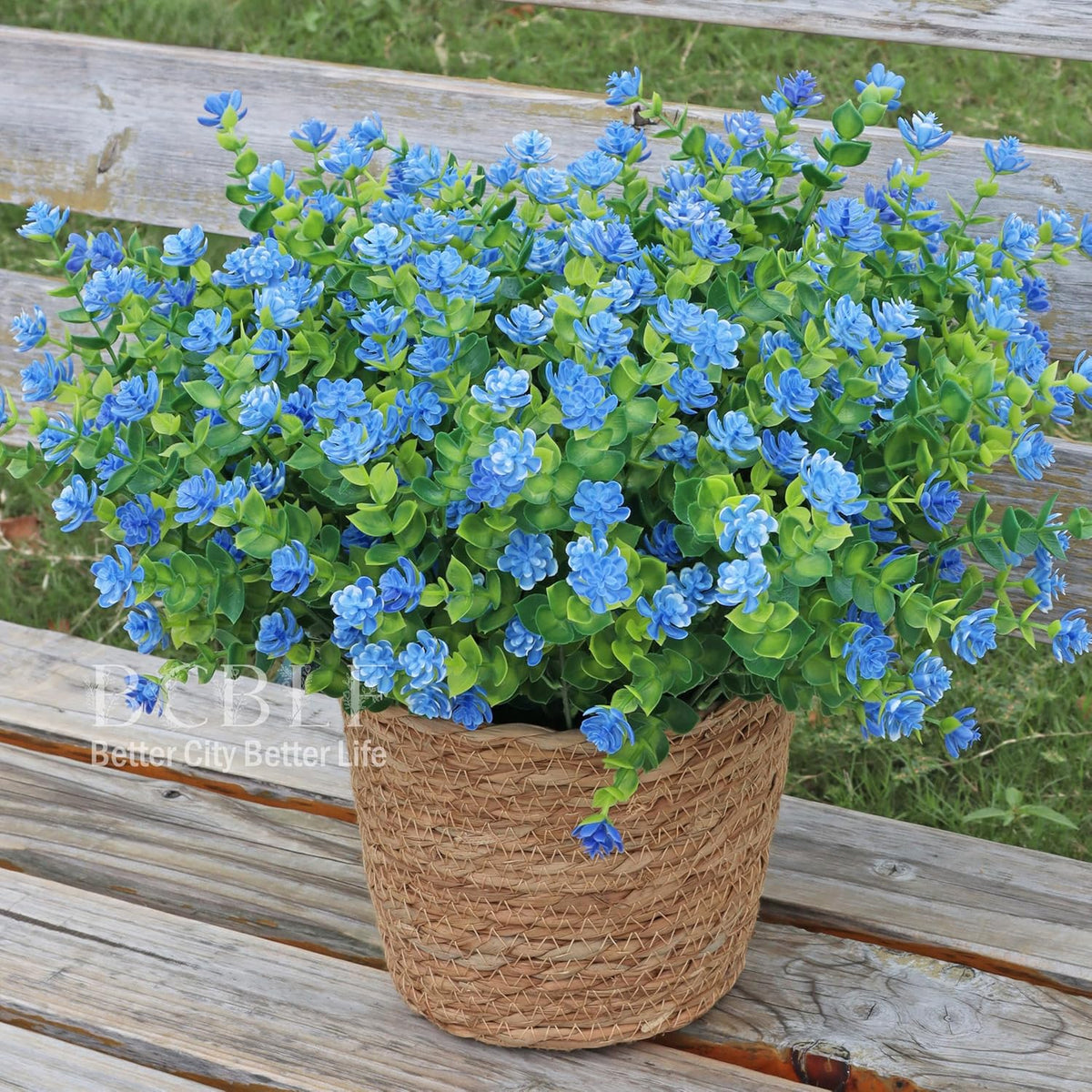 Artificial Flowers for Outdoors, 12 Bundles UV Resistant Realistic Faux Plants for Outside Porch Planter, Spring Summer Home Garden Decoration, Blue