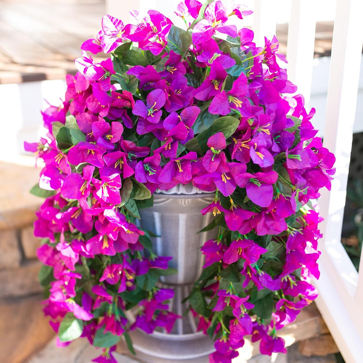 Faux Bougainvillea Artificial Flowers Plants for Outdoors Outside Decoration, 2 Pcs Purple Fake Flowers UV Resistant Look Real Silk Long Trailing Vines for Front Door Porch Planter Urn Patio Garden