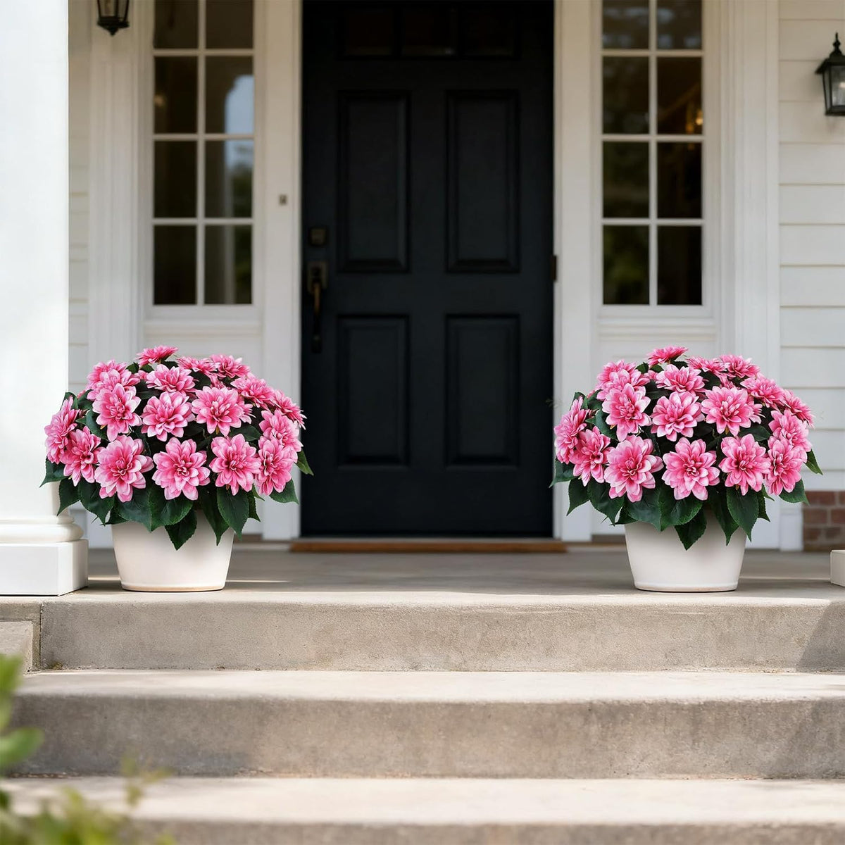 2 Set of Artificial Dahlia Topiary Ball Trees - Fake Silk Dahlia Flower Bushes, UV Resistant Faux Floral Shrub Potted for Front Door Porch Farmhouse Wedding Outdoor Decor (Pink)
