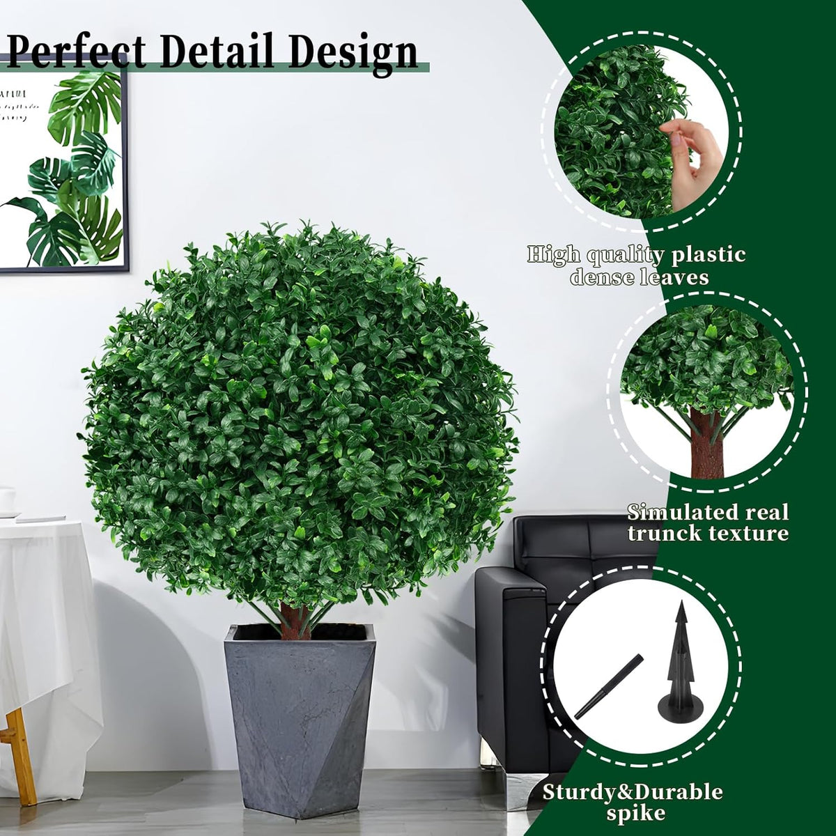 2 Pack Artificial Boxwood Topiary Ball Trees, 16" UV Resistant Fake Evergreen Shrubs Bushes Plants with Ground Spike, Fake Plants for Outdoor Indoor Front Porch Garden