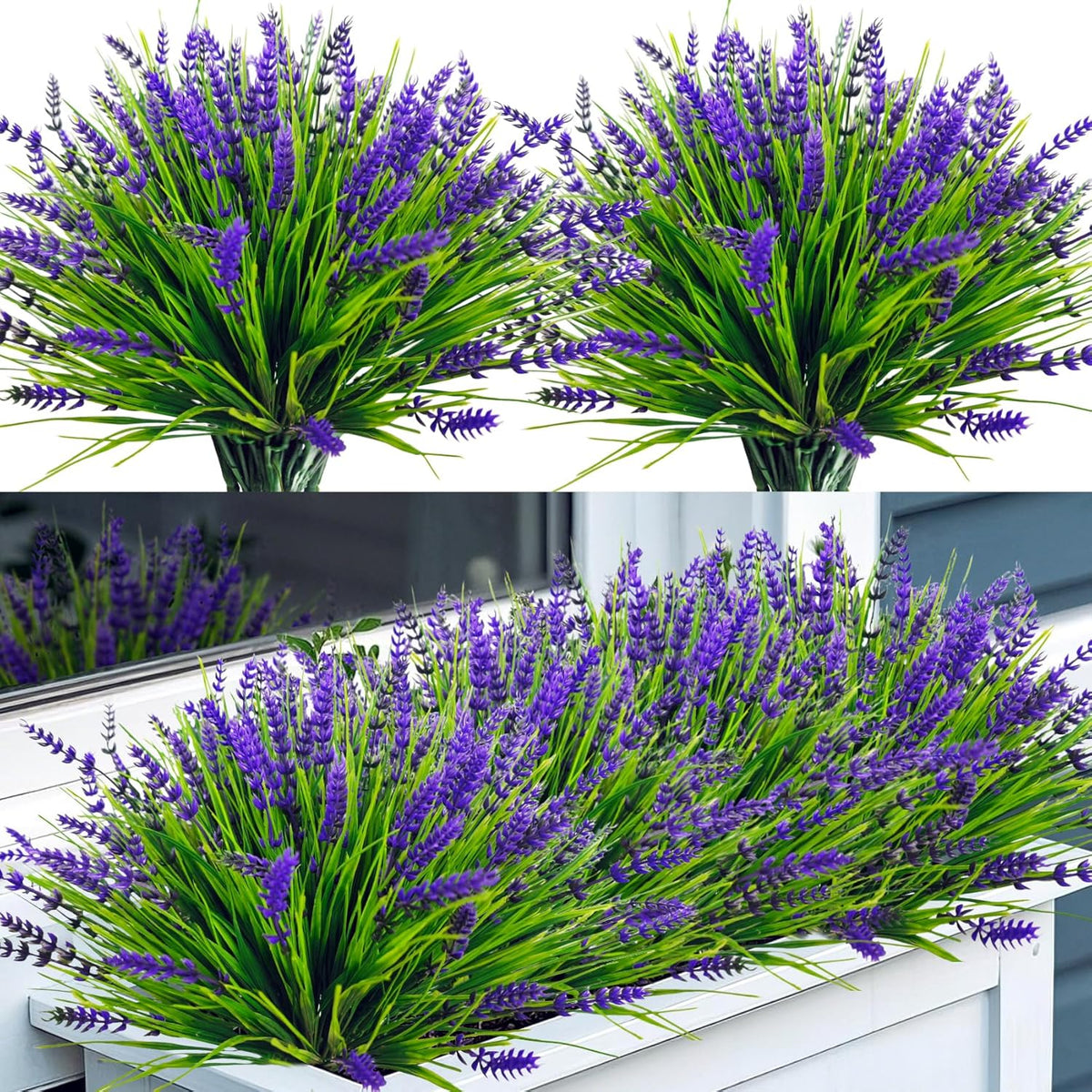 Bassion Artificial Flowers for Outdoors, 24 Bundles Fake Lavender Flowers UV Resistant Plastic Plants Faux Purple Monkey Grass for Home Porch Garden Window Box Indoor Outdoor Decorations