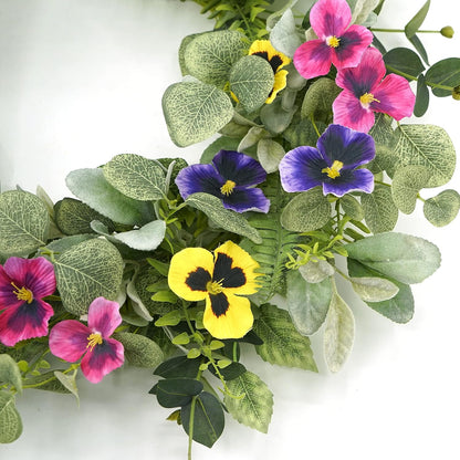 Artificial Spring Summer Wreath with Pansy Flowers, Flocked Lamb Ear Leaves, Eucalyptus Leaves, Fern Branches for Front Door Indoor Outdoor Farmhouse Wall Holiday Decor, White Gift Box Included