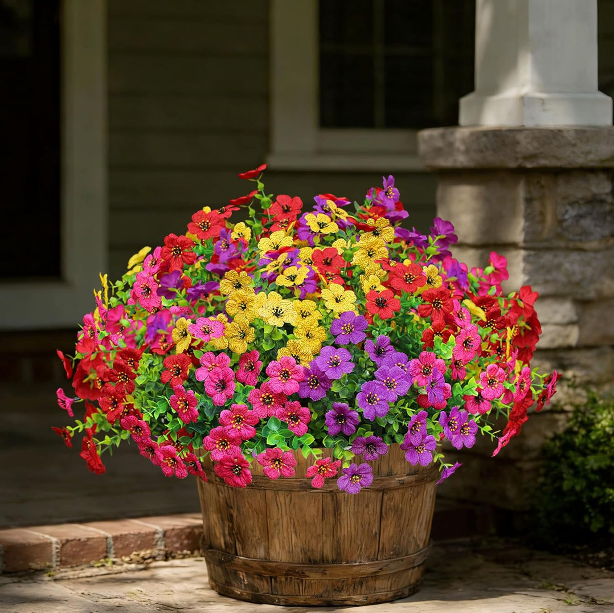 Artificial Flowers for Outdoors, Fake Faux Plants Outside Realistic Spring Summer Decor, UV Resistant Silk Flowers for Home Porch Garden (12, Purple Red Yellow Hot Pink)
