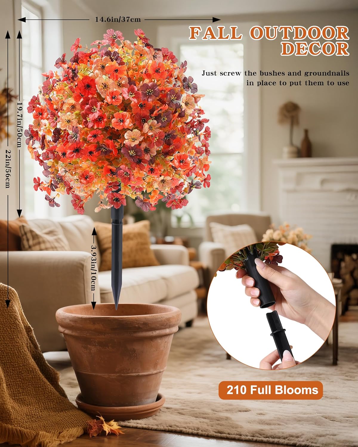 Artificial Mums Topiary Ball Tree With Flowers for Outdoors Fall Decor, Orange UV Resistant Fake Plants With Ground Spike Autumn Decorations for Home, Front Porch, Garden, Thanksgiving, Planters