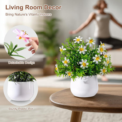 3 Pack Small Fake Plants Artificial Potted Flowers for Indoor Mini Faux Plants with Flowers Greenery for Home Decor Living Room Bathroom Bedroom Office Table Shelf (White+Yellow+Purple)
