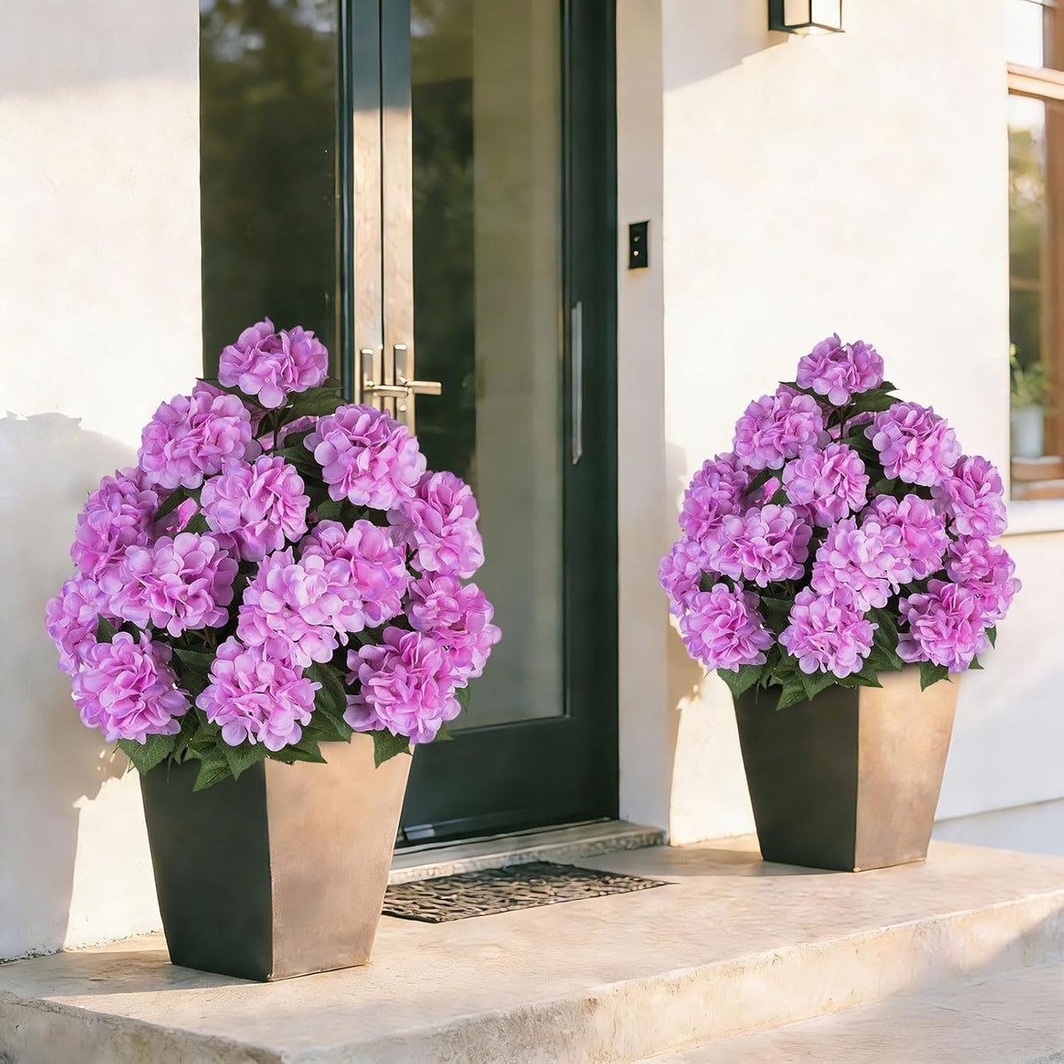 BLOSMON Hydrangea Topiary Trees Artificial - Outdoor 2 Packs 33" Pink Fake Flower Ball Tree for Front Porch Planters Urns Decor - 20 Heads Faux Hydrangea Bush Plants with Spike for Garden Yard Patio