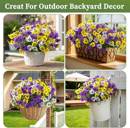 Alupssuc 24 Bundles Artificial Flowers for Outdoors, Fake Spring Flowers for Decoration, UV Resistant Realistic Pansies with Eucalyptus Silk Faux Flowers for Porch Patio Yard, Purple Yellow White