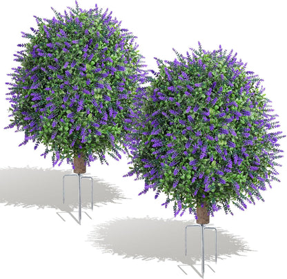 26" Artificial Boxwood Topiary Trees with Lavender Flowers 2 Pack Fake Plants for Outdoor Indoor Artificial Shrubs with Metal Ground Spike UV Resistant Fake Bushes for Front Porch Garden, Purple