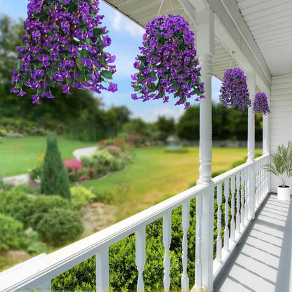 Artificial Fake Hanging Flowers Plants for Outdoor Outside Spring Summer Decoration 2PCS Faux Silk UV Resistant Realistic Morning Glory Trailing Vines for Home Porch Patio Balcony(Purple)