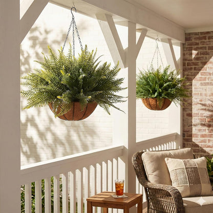 Fake Ferns Hanging Baskets, 2 Pcs Artificial Hanging Plants Outdoor, 2 Hanging Planters with 24 Pcs Fake Ferns for Indoor and Outdoor Decorations for Front Porch Garden Balcony Patio Home Decor (2, Green)