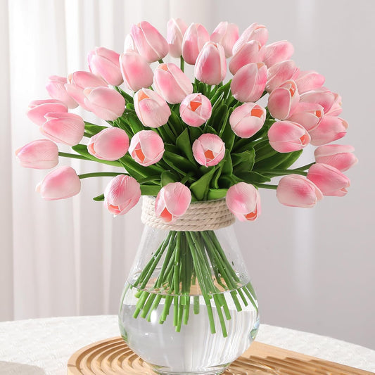 24 Pcs Artificial Tulips PU Faux Flowers, Red Real Touch Fake Tulips for Valentine's Day Spring Easter Home Kitchen Wedding Decorations and New Year Decor
