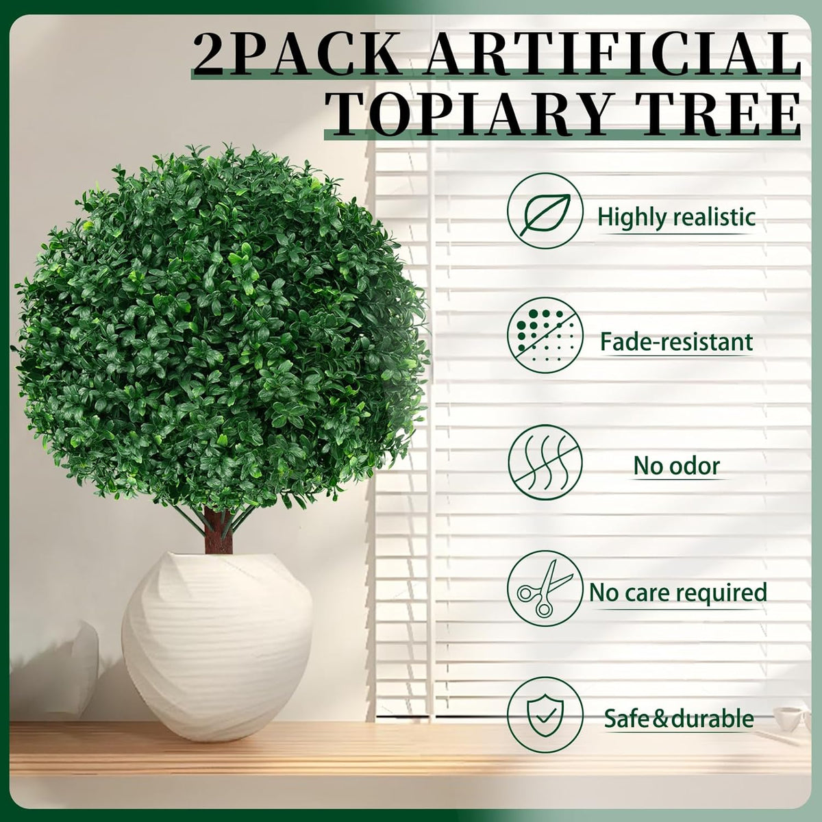 2 Pack Artificial Boxwood Topiary Ball Trees, 16" UV Resistant Fake Evergreen Shrubs Bushes Plants with Ground Spike, Fake Plants for Outdoor Indoor Front Porch Garden