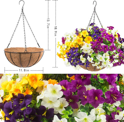 2 Set Artificial Outdoor Flowers with Hanging Baskets, 24 Pcs UV Resistant Faux Petunia Flowers with Hanging Planter for Front Door Porch Spring Outside Decor (2, White, Yellow, Purple, RedViolet)