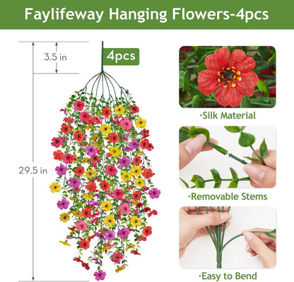 Artificial Hanging Flowers for Outdoors, 4 Pcs UV Resistant Artificial Outdoor Flowers, Silk Flowers for Outside Patio Porch Front Yard Window Garden Indoor Decor (Spring Color, 4 Pcs)