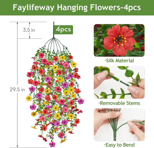 Artificial Hanging Flowers for Outdoors, 4 Pcs UV Resistant Artificial Outdoor Flowers, Silk Flowers for Outside Patio Porch Front Yard Window Garden Indoor Decor (Spring Color, 4 Pcs)