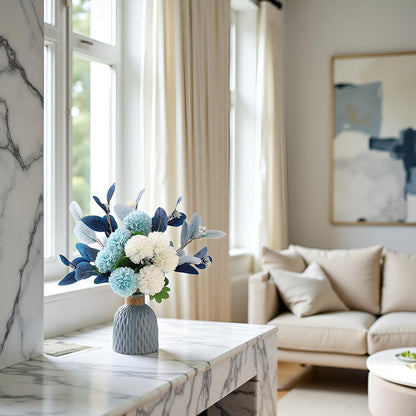 LADADA Blue Artificial Flower Bouquet in Ceramic Vase, White and Blue Ball Chrysanthemum with Eucalyptus, Minimalist Desk Decor for Office Home Centerpiece