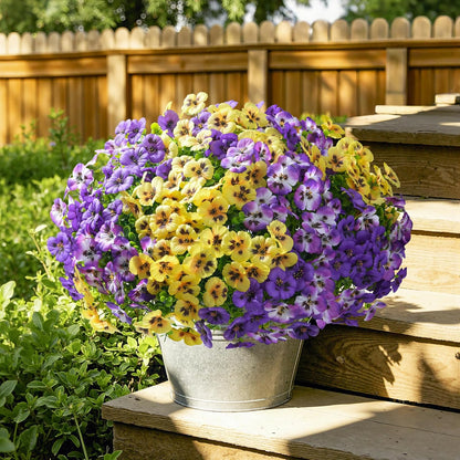 Ivydale 20 Pcs Artificial Fake Pansy Flowers for Outdoors Spring Decor, Faux Silk Pansies UV Resistant Plants for Front Door Porch Yard Patio Window Box Home Decor (Purple Yellow Gradient Purple)