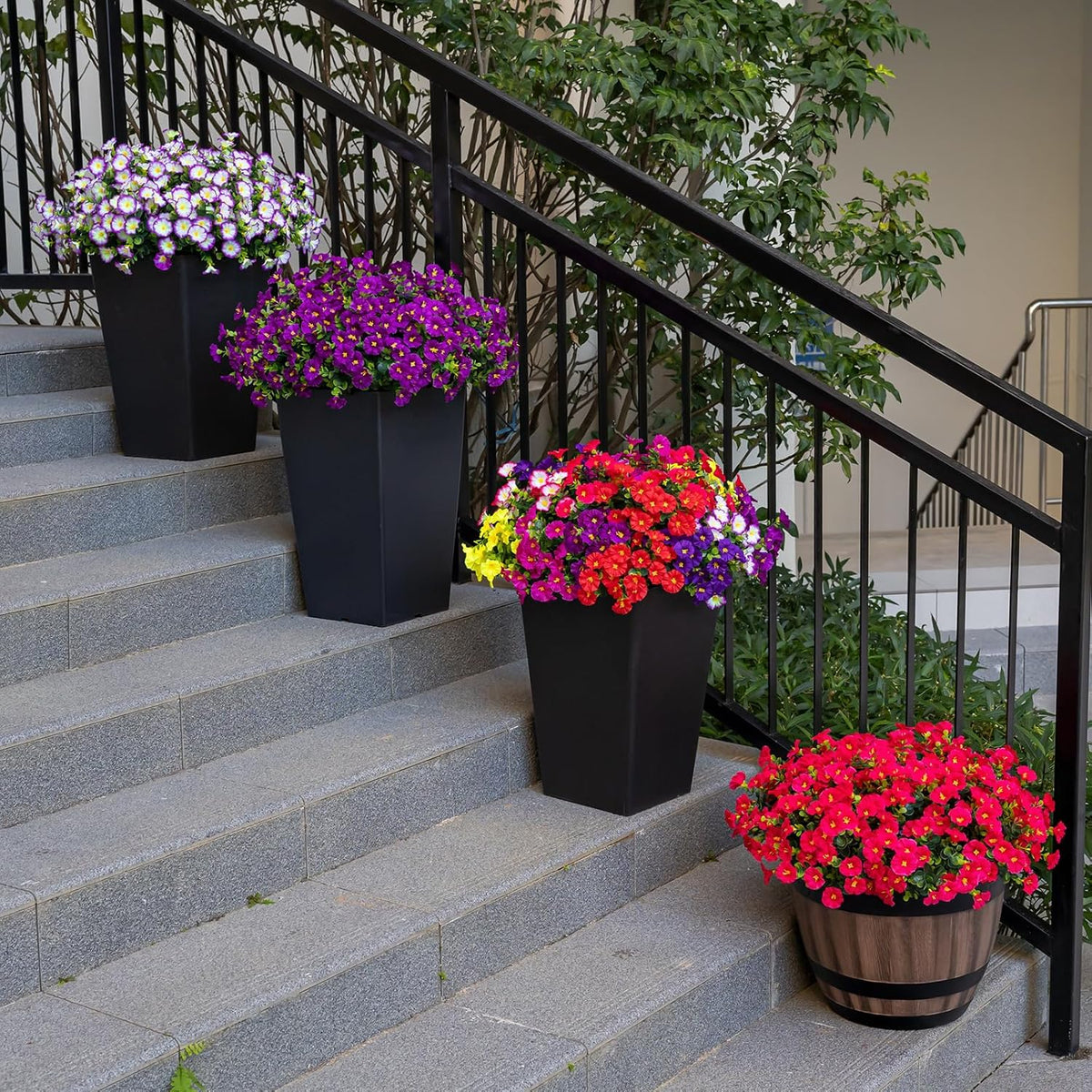 Artificial Faux Flowers for Outdoor 16 Bundles Boxwood Fake Morning Glory for Planter, UV Resistant Fake Flowers for Home Porch Patio Outside（8 Color）