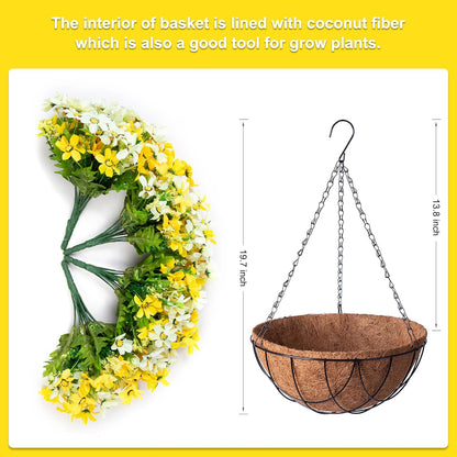 Artificial Silk Flowers Hanging Baskets Outdoors, Chrysanthemum with Eucalyptus Leaves Arrangement for Garden Yard Decor, Faux Plant in Metal Coconut Lining Flowerpot (Yellow)