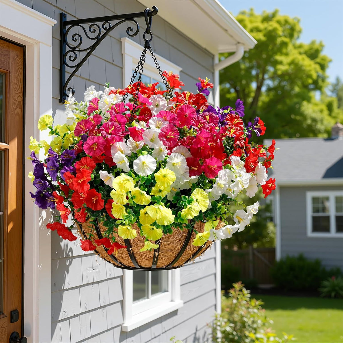 Alupssuc 24 Bundles Artificial Flowers for Outdoors, Faux Spring Flowers for Decoration, UV Resistant Silk Morning Glory with Eucalyptus Realistic Fake Flowers for Yard Planter Porch Garden, 5 Colors