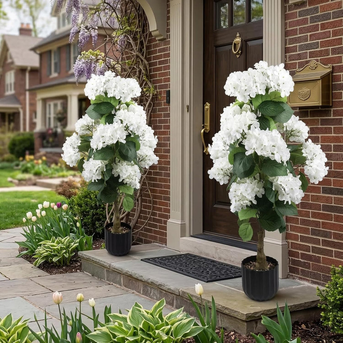 2 Pcs 3 Ft Artificial Hydrangea Trees Potted, UV Resistant Faux Silk Hydrangea Plant in Pot for Indoor Outdoor Decoration, Hydrangea Topiary for Garden Office Home Porch Patio Decor