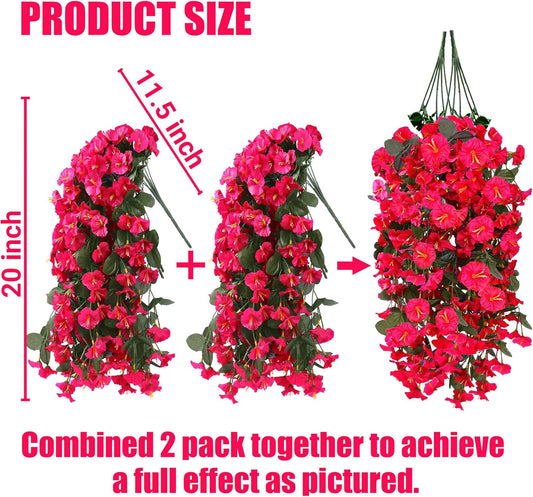 Sggvecsy Artificial Fake Hanging Flowers Plants for Outdoor Outside Spring Summer Decoration 4PCS Faux Silk UV Resistant Realistic Morning Glory Trailing Vines for Home Porch Patio Balcony(Rose red)
