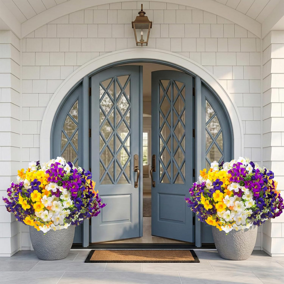 16 Pcs Faux Petunias Artificial Flowers For Outdoors, UV Resistant Fake Petunias Plants Realistic Silk Flowers for Porch Front Door Garden Window Outside Decor (16, White, Yellow, Purple, RedViolet)