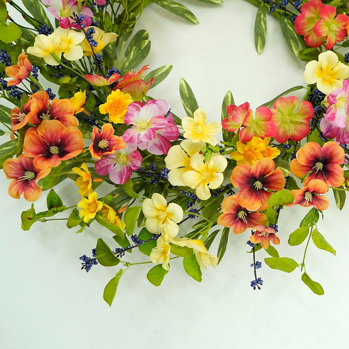 20 inch Spring Summer Wreaths for Front Door Floral Wreath with Colorful Wildflowers, Eucalyptus Leaves, Olive Leaves, Small Berries for Indoor Outdoor Farmhouse Home Wall Window Festival Decoration