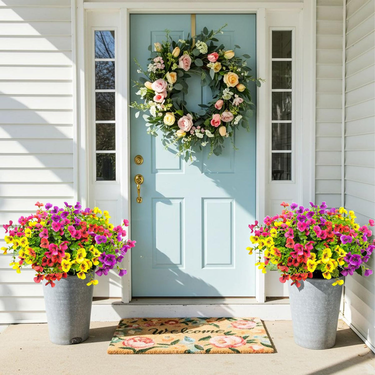 Pansies Artificial Flowers for Outdoors 12 Bundles Fake Silk Pansy Faux Plastic Plants UV Resistant for Home Outside Garden Planter Front Door Porch Yard Patio Decor (Multicolor)