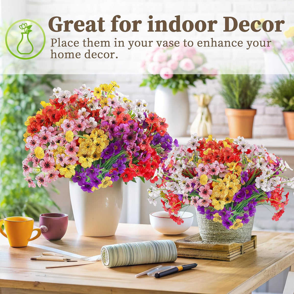 24 Bundles Artificial Flowers for Outdoors/Indoors, Fake Flowers Plants for Indoor and Outdoor Garden Porch Window Box Home Wedding Farmhouse (8 Color)