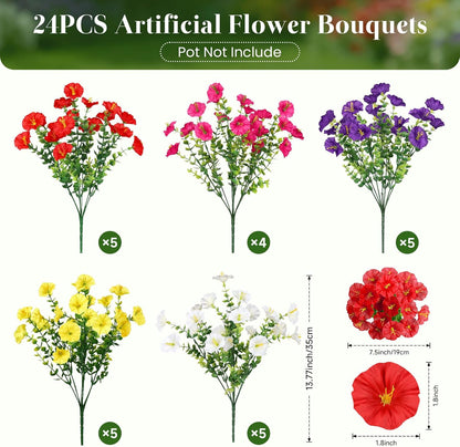 Alupssuc 24 Bundles Artificial Flowers for Outdoors, Faux Spring Flowers for Decoration, UV Resistant Silk Morning Glory with Eucalyptus Realistic Fake Flowers for Yard Planter Porch Garden, 5 Colors