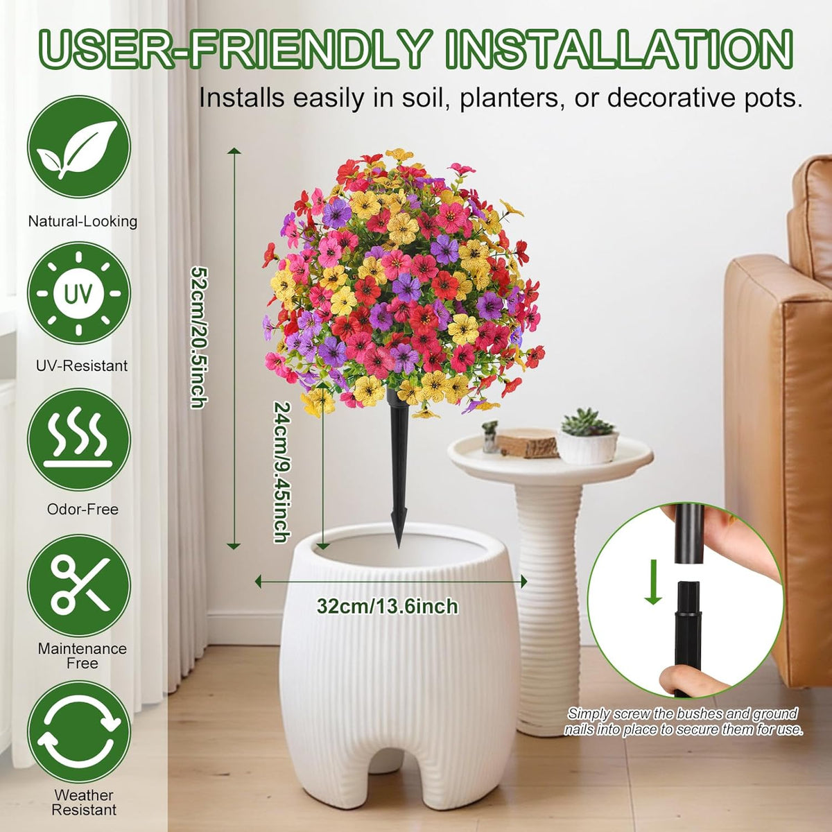 Alupssuc 2Pcs 20" Artificial Topiary Ball Flowers For Outdoors Planters, Spring Decoration with Spike, UV Resistant Faux Summer Plants, Fake Bushes Indoor Decor, Mix 4 Colors for Garden, Porch & Patio