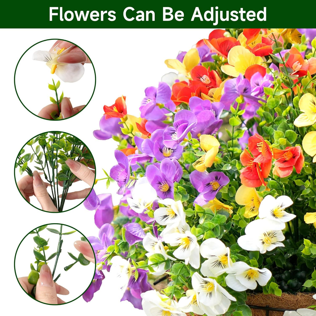 Artificial Flowers for Outdoor, UV Resistant Fake Silk Pansies Flowers, Realistic Faux Plants for Outside Indoor Porch Patio Window Box Planter Home Decor (16, Yellow Purple White Red)
