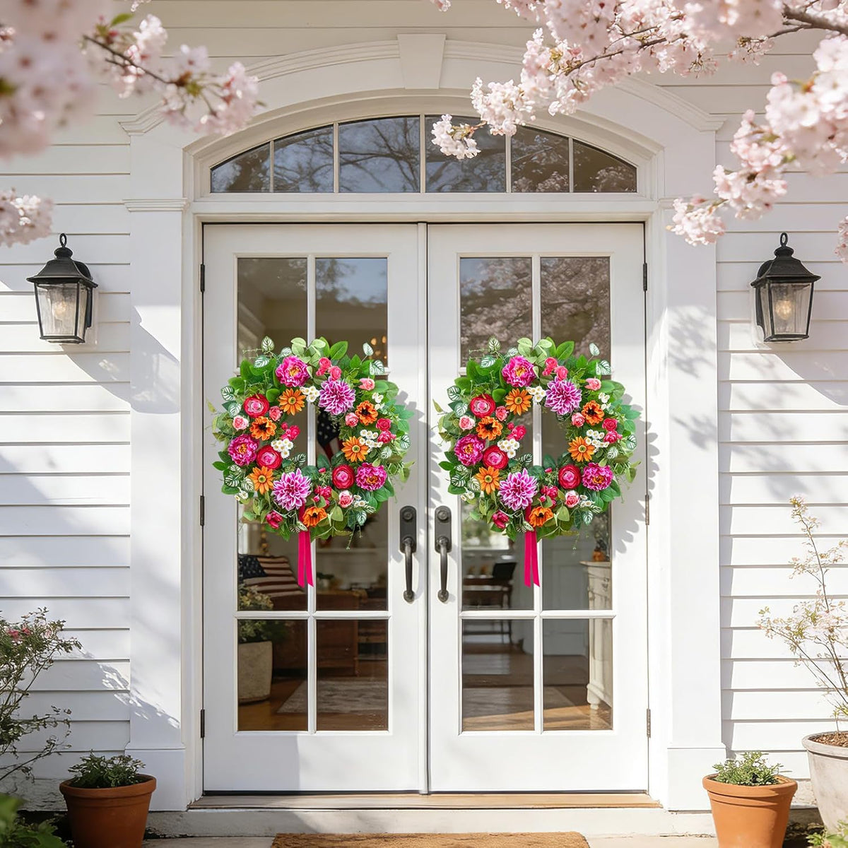 24 Inch Spring Summer Wreath for Front Door with Dahlia, Peony & Daisy Floral Decor