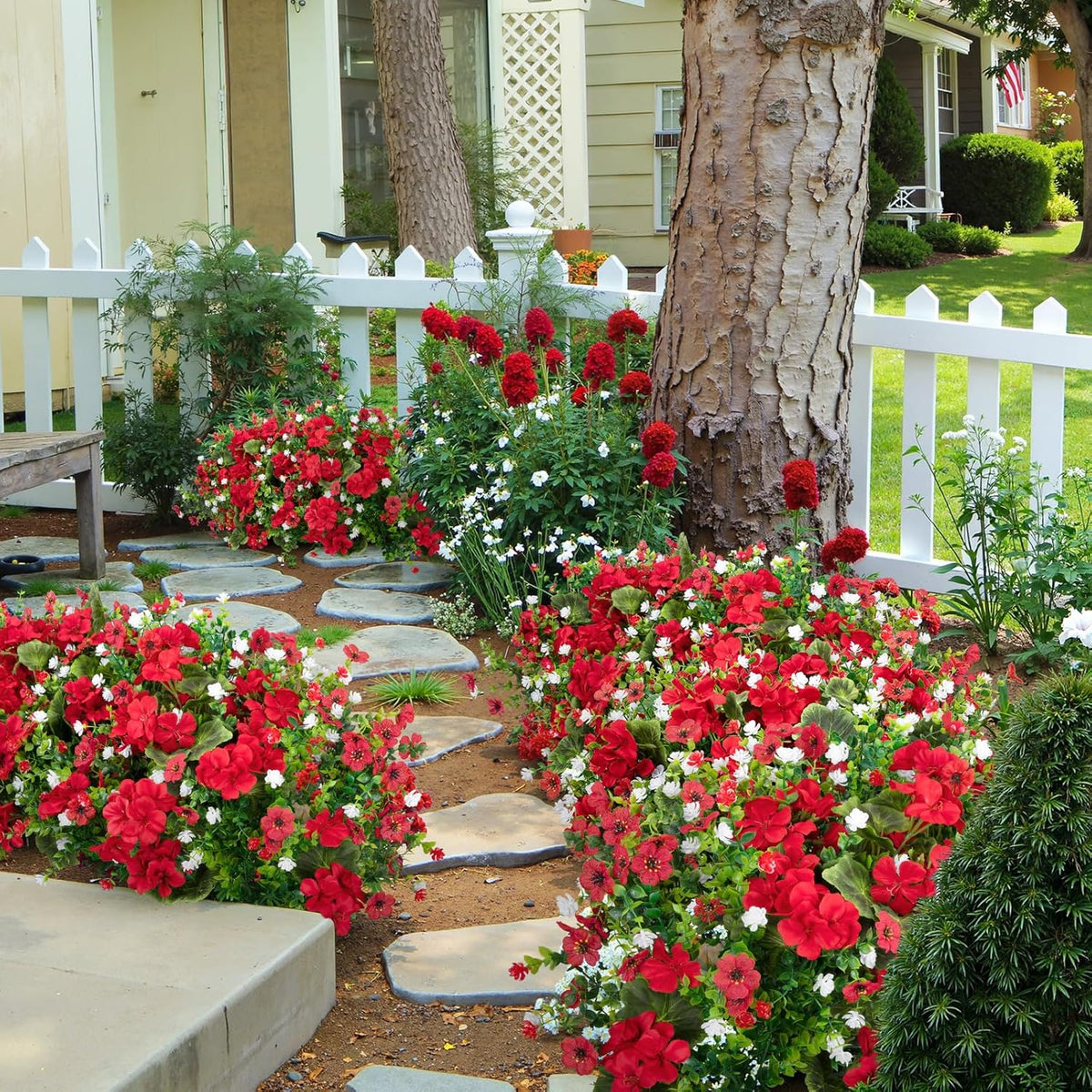 Ouddy Decor 18" Artificial Geranium Flowers for Outdoors, 10 Bundles Mixed Fake Silk Flowers Plastic Plants UV Resistant for Summer Garden Porch Patio Planter Kitchen Table Home Decor, Red