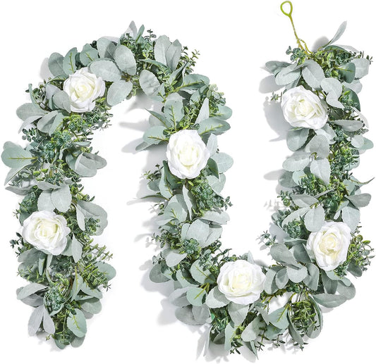 Miracliy 6 Ft Eucalyptus Garland with Flowers, Lambs Ear Greenery White Roses Flower Garland Fake Vines for Wedding Boho Table Mantle Backdrop Party Farmhouse Home Decor