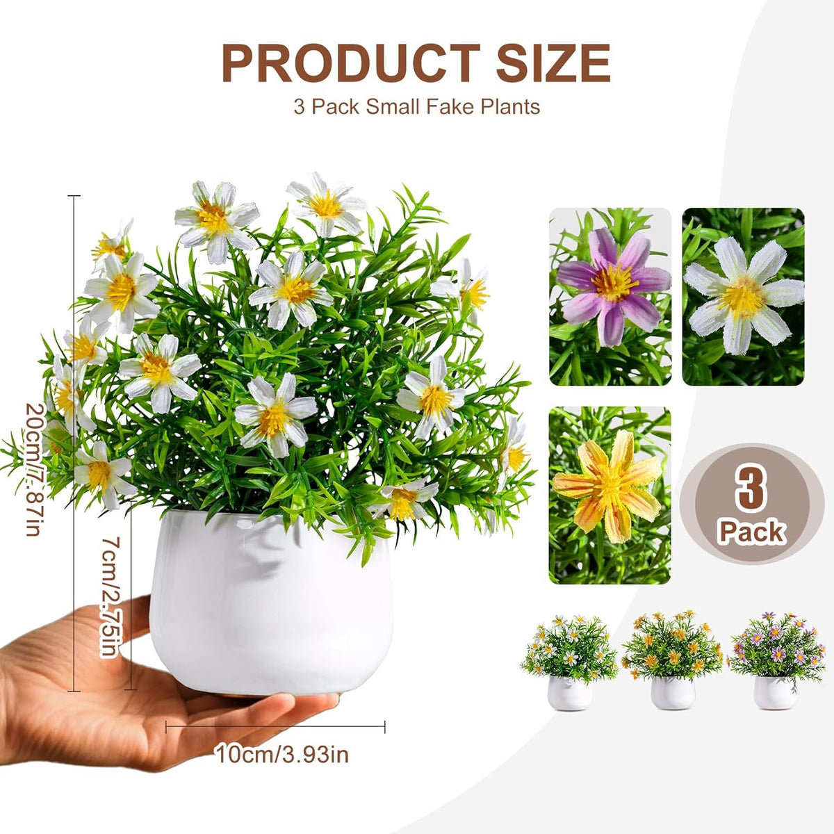 3 Pack Small Fake Plants Artificial Potted Flowers for Indoor Mini Faux Plants with Flowers Greenery for Home Decor Living Room Bathroom Bedroom Office Table Shelf (White+Yellow+Purple)