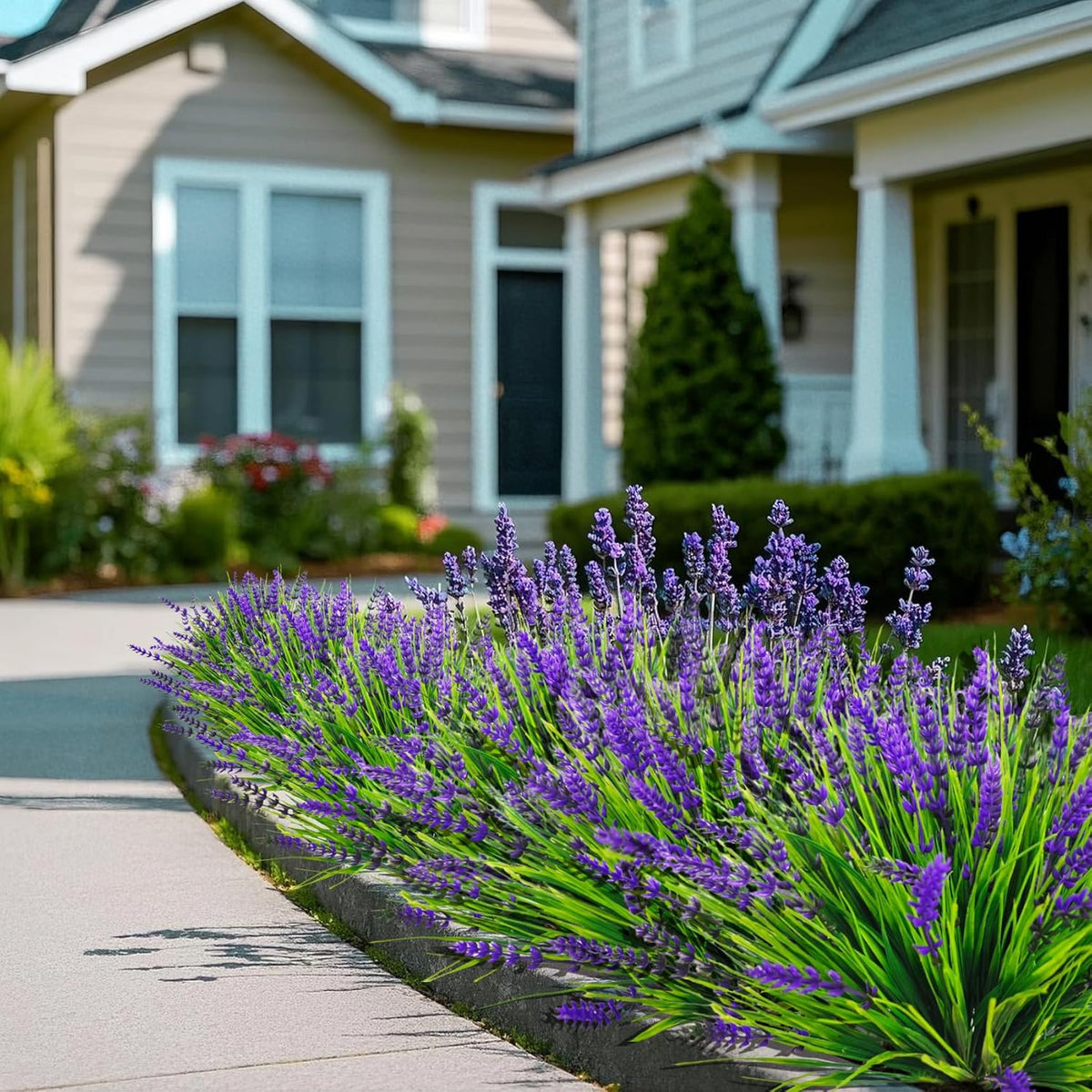 Bassion Artificial Flowers for Outdoors, 24 Bundles Fake Lavender Flowers UV Resistant Plastic Plants Faux Purple Monkey Grass for Home Porch Garden Window Box Indoor Outdoor Decorations