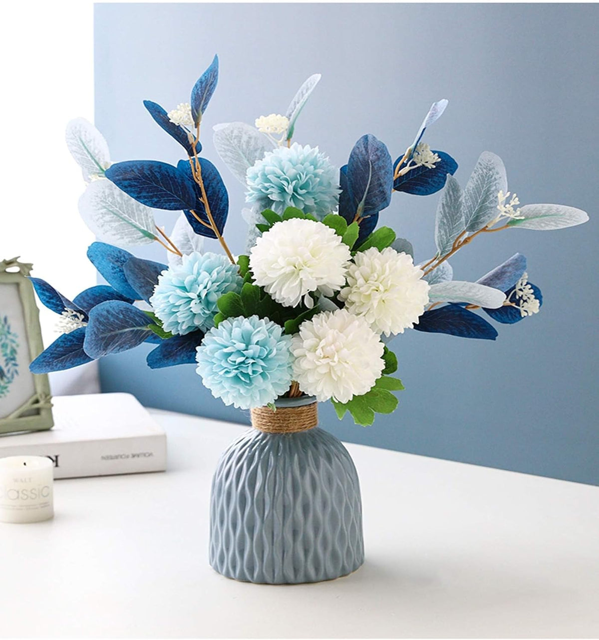 Artificial Hydrangea Flower Arrangements with Ceramic Vase for Home and Wedding Decor