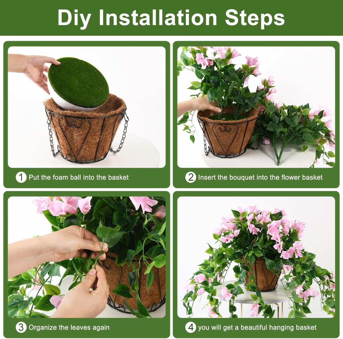 Homsunny Artificial Hanging Flowers Plants Basket for Outdoor Decoration, 4 Pcs Faux Silk Bougainvillea Vine Flowers Look Real UV Resistant for Outside Porch Patio Yard Garden Decor (Pink